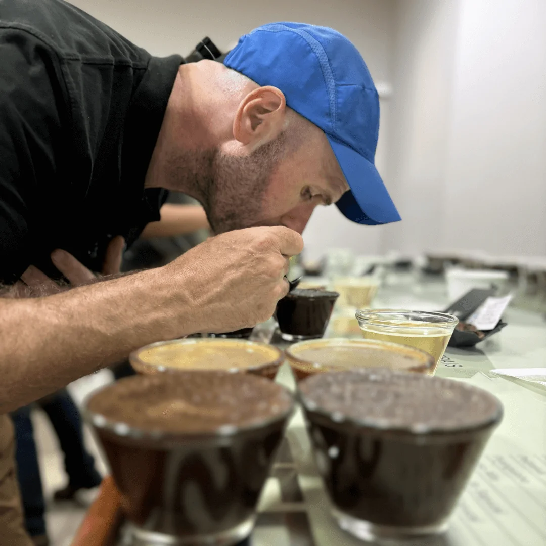 Java Republic employee cupping coffee